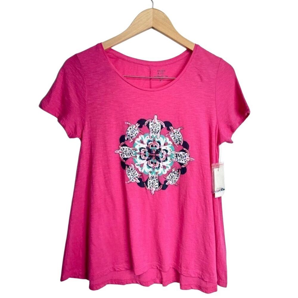 Crown & Ivy Shirt‎ Womens Pink Short Sleeve Sequin Turtle Size XS NEW